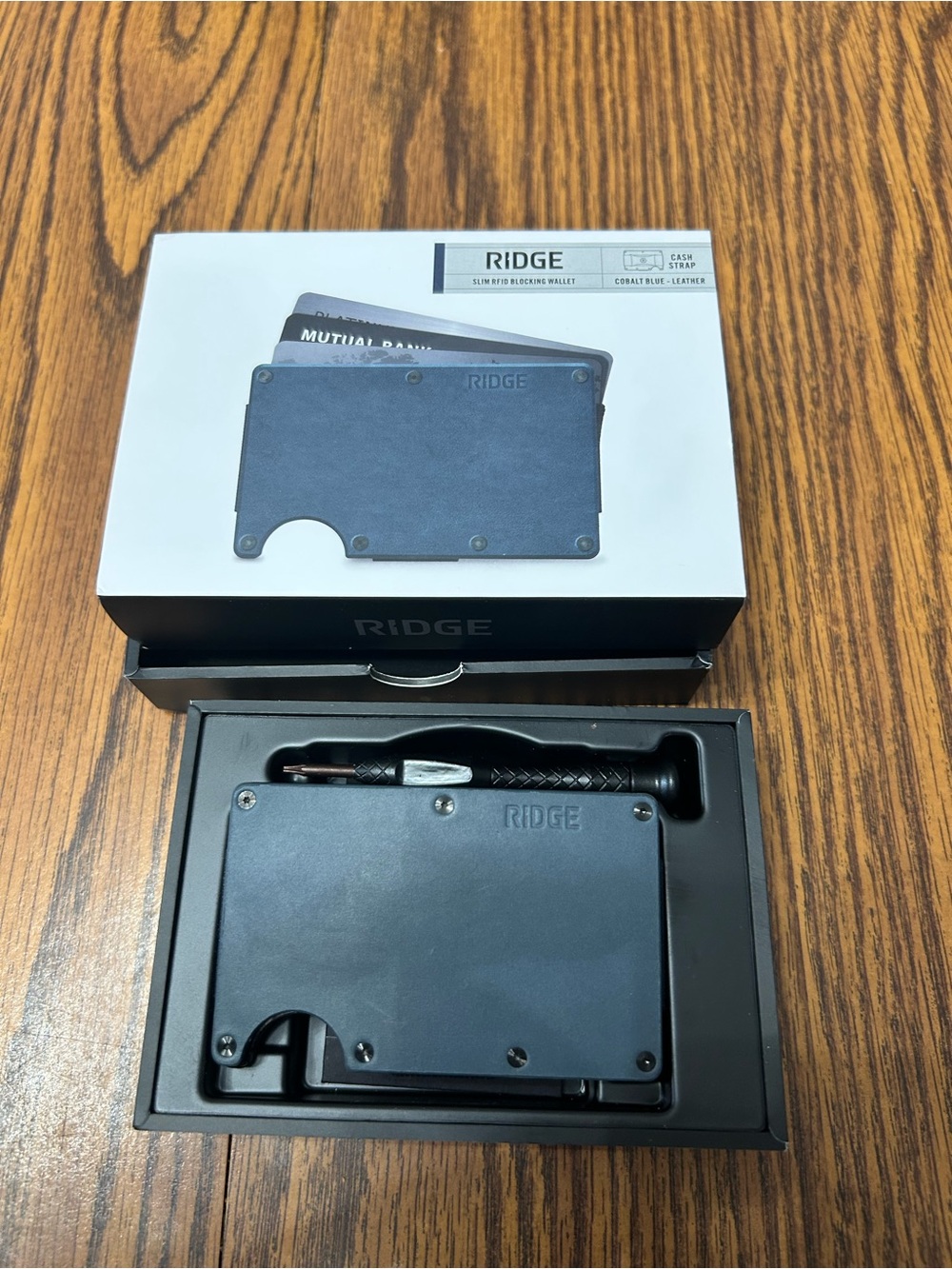 Ridge Navy Leather Money Clip Wallet with Cash Strap